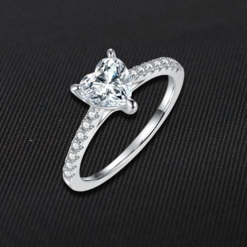 Moissanite Heart Engagement Ring Gemstone Hidden Halo CZ Sterling Silver 6 NWT